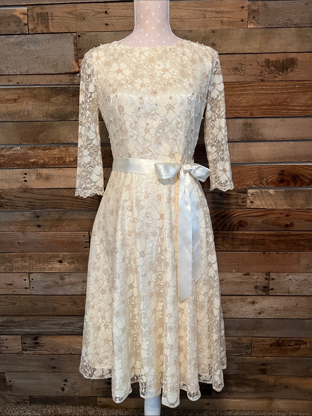 Tahari Ivory Lace Midi Dress with Satin Bow and Pearl Details
